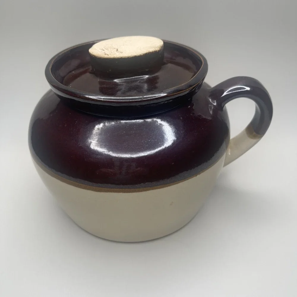 Vtg‎ Clay Bean Pot Crock with Lid Handle USA Brown Farmhouse Kitchen Pottery